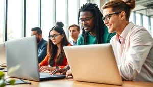 Hire developers showcasing teamwork and collaboration in a vibrant office environment.