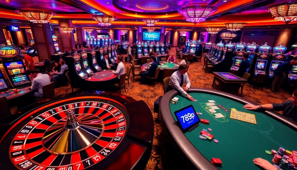 Casino scene featuring gamblers at tables, showcasing excitement with 789p branding visible.