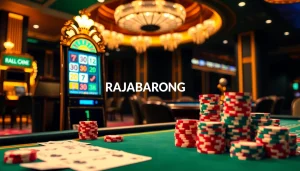RAJABARONG offers an exciting gambling scene featuring luxurious slot machines and vibrant poker chips.
