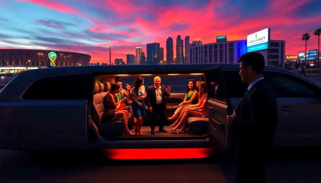 World Cup Group Transportation in a luxury limousine with excited fans arriving in Los Angeles.