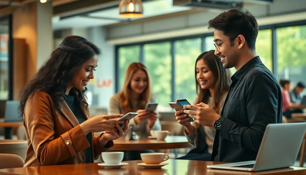 카페에서 매끄러운 소액결제 거래가 이루어지는 모습과 활발한 모바일 결제 활동을 보여주는 이미지