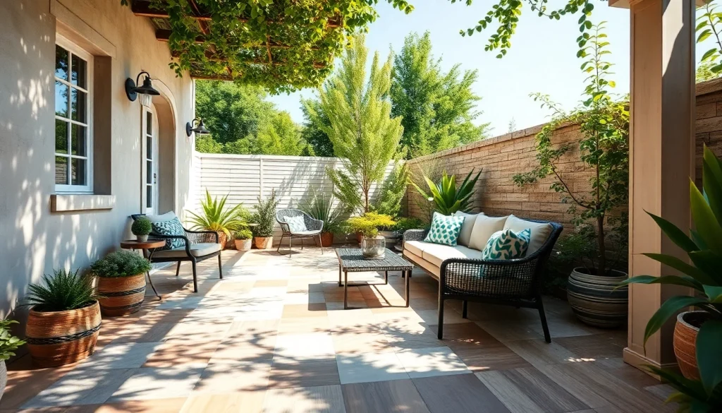 Mise en valeur du carrelage extérieur sur une terrasse extérieure élégante avec des designs de carreaux variés.