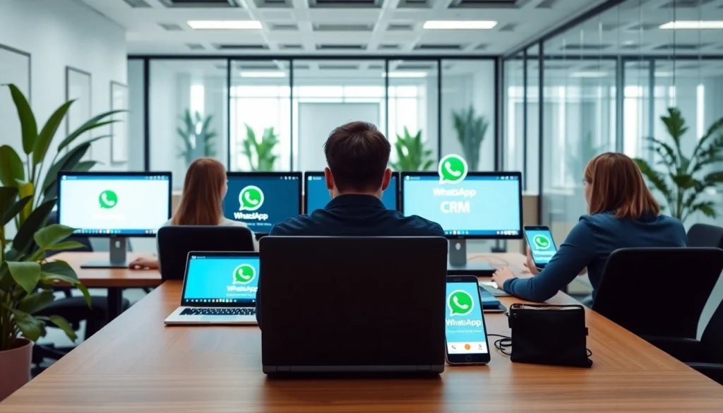 Engaged team utilizing WhatsApp Business CRM on laptops and smartphones in a modern office setting.