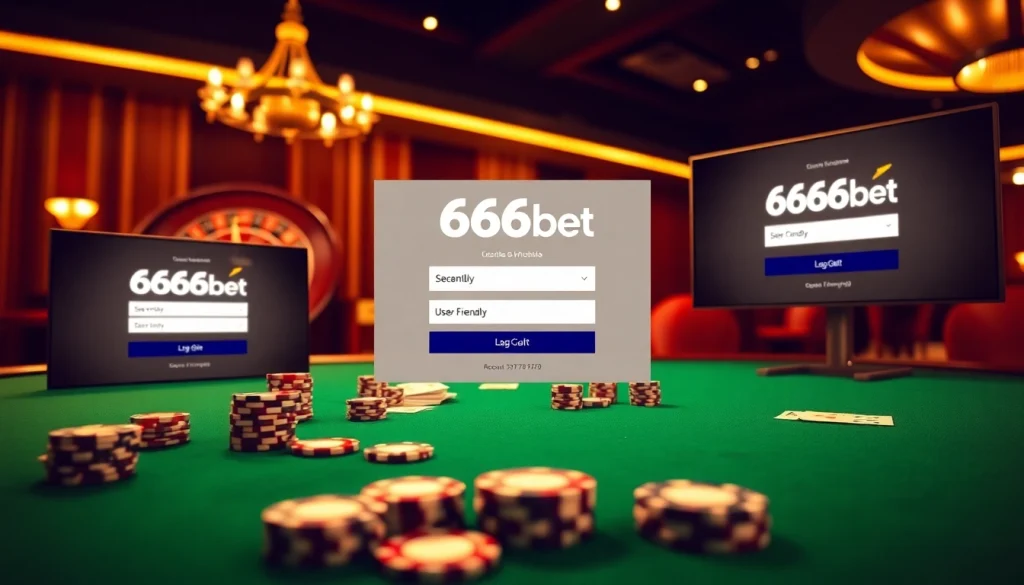 Experience the thrill of 6666bet Login with a vibrant casino gaming scene featuring poker chips and roulette.
