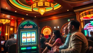 Engaging players at the doaslot casino slot machine amid a vibrant gaming environment.