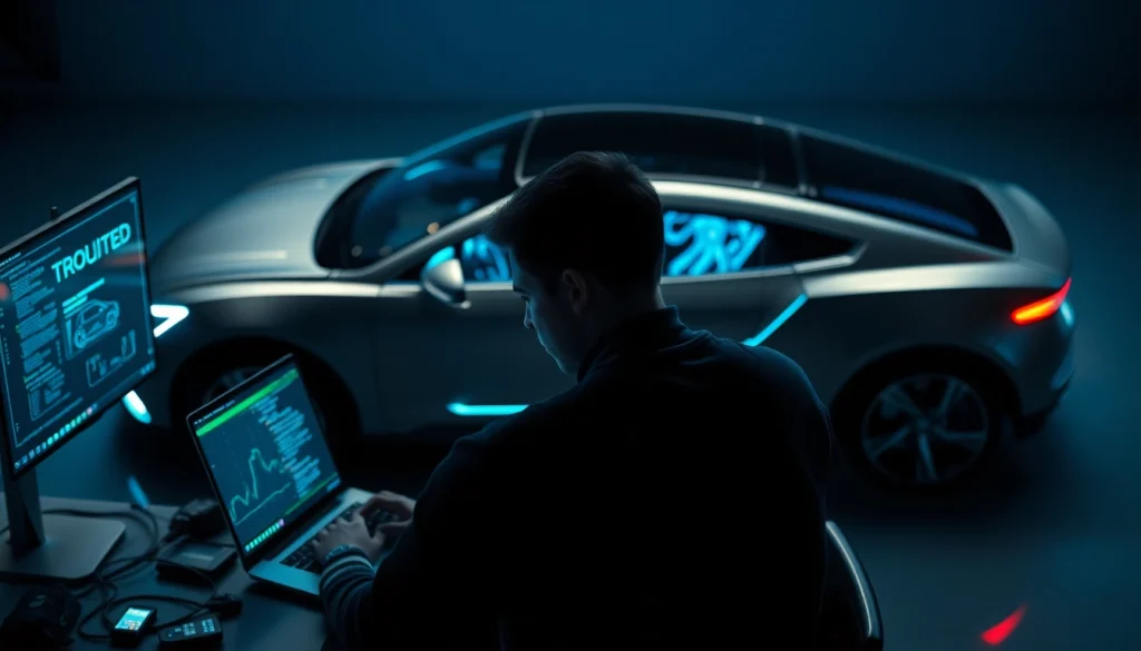 Explore the complexities of car hacking at https://car-hack-world.com, showcasing a hacker with advanced technology.