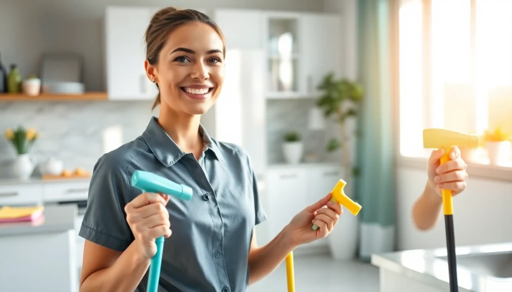 Cleaning service professional actively cleaning a bright kitchen space.