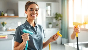 Cleaning service professional actively cleaning a bright kitchen space.