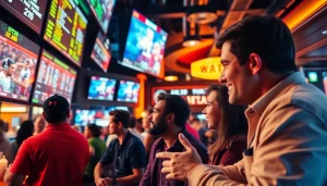 Engaging moment in sports betting in Texas, depicting lively bettors immersed in analyzing game odds.