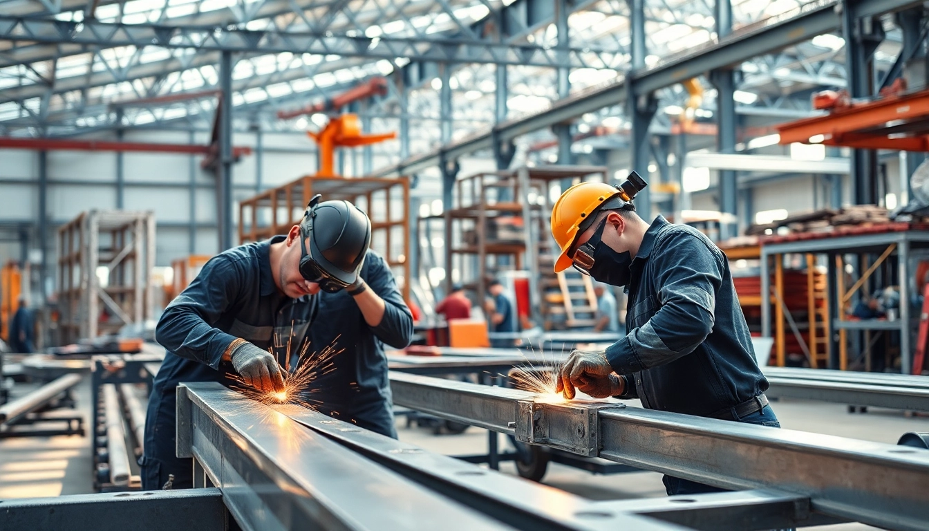 Workers performing structural steel fabrication tasks in a bright workshop environment.