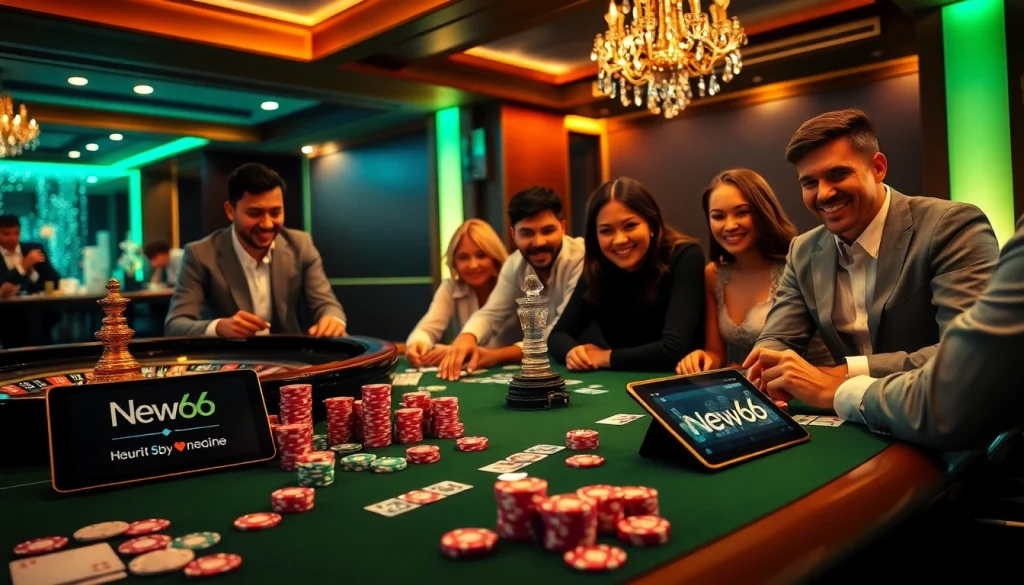 Winning at New66 casino with vibrant poker chips and a spinning roulette wheel.