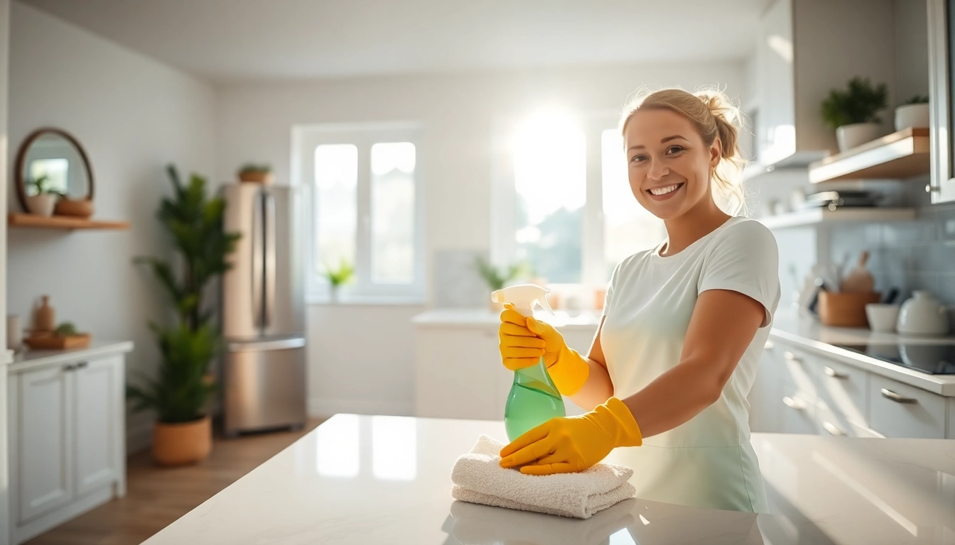 Transform your space with our Cleaning service, featuring a cheerful professional in a bright kitchen.