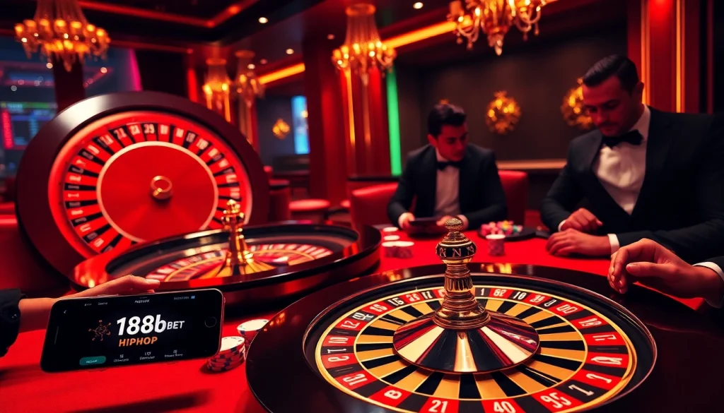 Exciting moment at a casino highlighting 188bet hiphop with poker chips and roulette wheel.