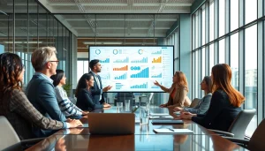 Team collaborating to enhance competitive intelligence strategies with data visualization.