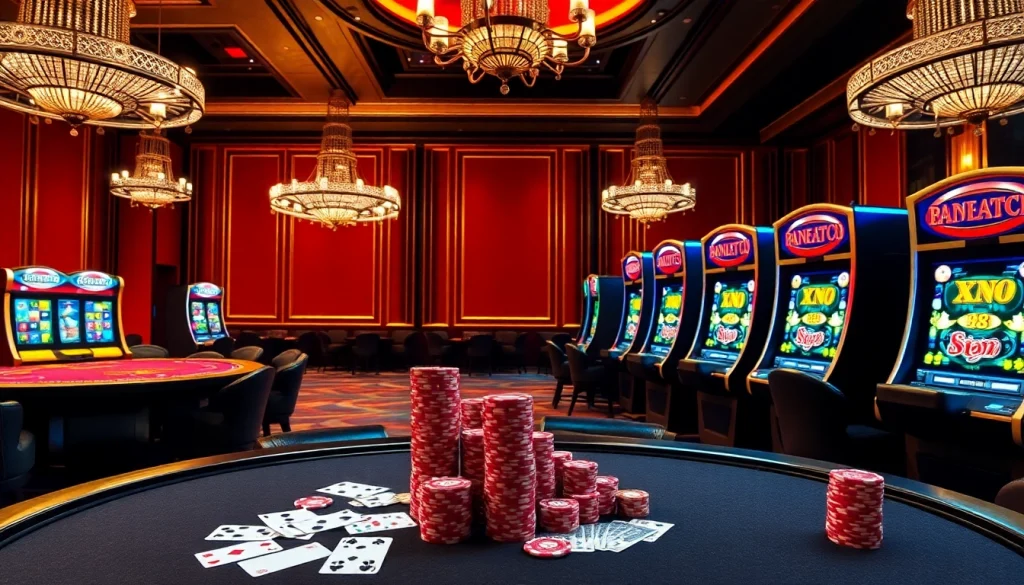 Excited players engaging with XN 88 slot machines and casino tables in a vibrant gambling scene.