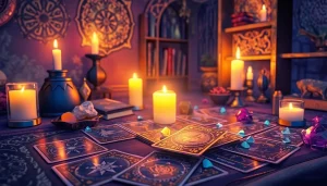 Engage with intuitive readings at https://julielynn.co featuring a warm, mystical tarot setup.