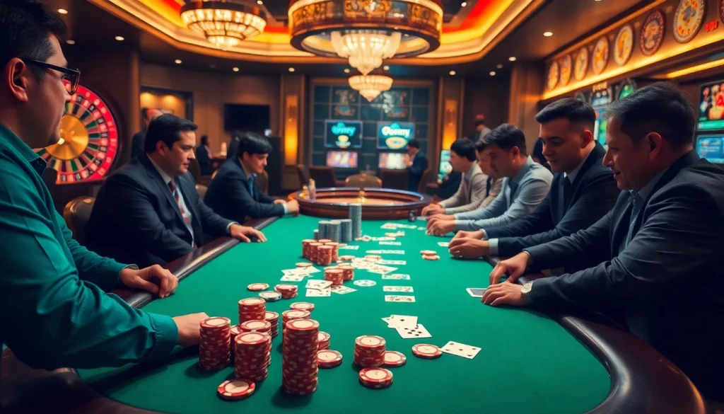 Experience thrilling gameplay at ib88 casino with vibrant poker tables and excited players.