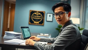 Traducteur certifié travaillant sur des documents, traducteur assermenté anglais à un bureau moderne.