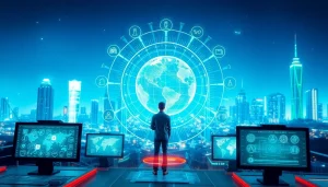 Find AI with AI tools in a futuristic setting showcasing advanced technology.