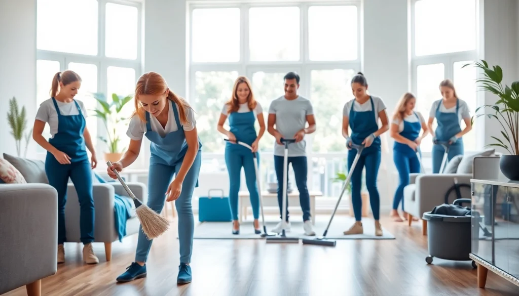 Efficient cleaning service team bringing cleanliness to a modern home, showcasing teamwork.