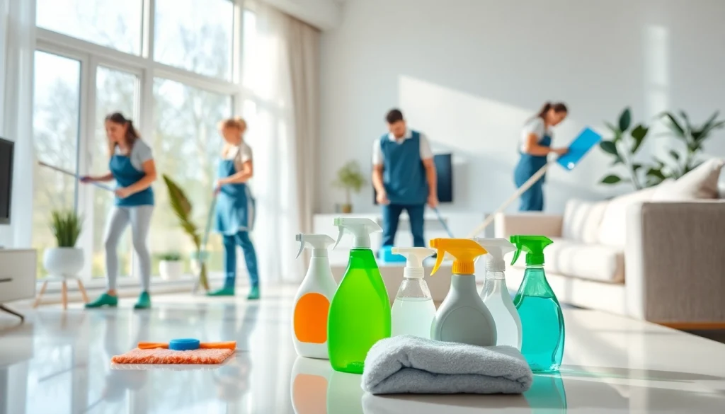 Cleaning service team members diligently cleaning a bright, modern home, showcasing professionalism and meticulousness.