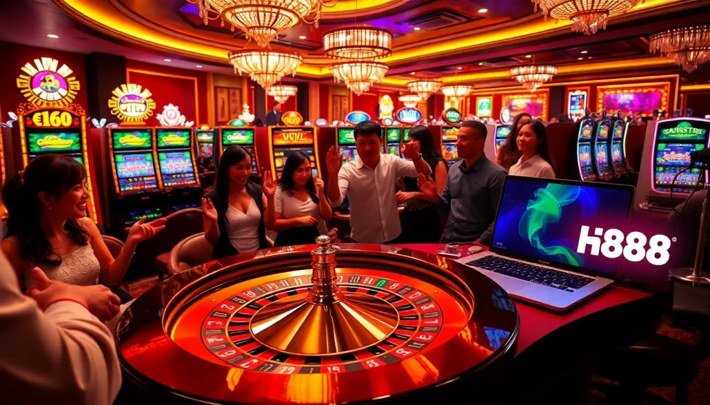 Players engaging in thrilling Hi88 casino games with vibrant chips and a roulette wheel.