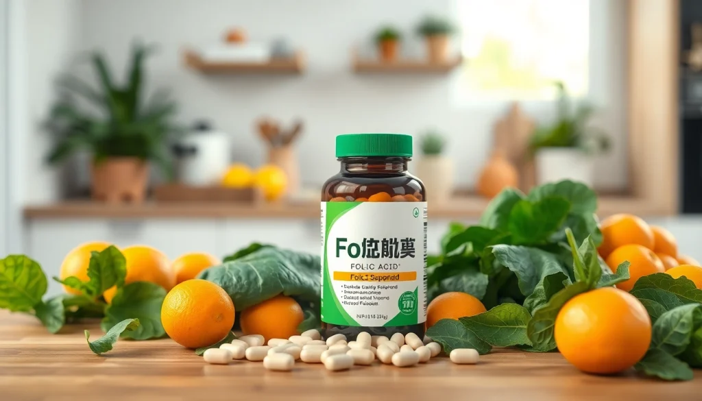 健康と栄養を象徴する果物と野菜に囲まれた、木のテーブルの上の新鮮な葉酸サプリ。