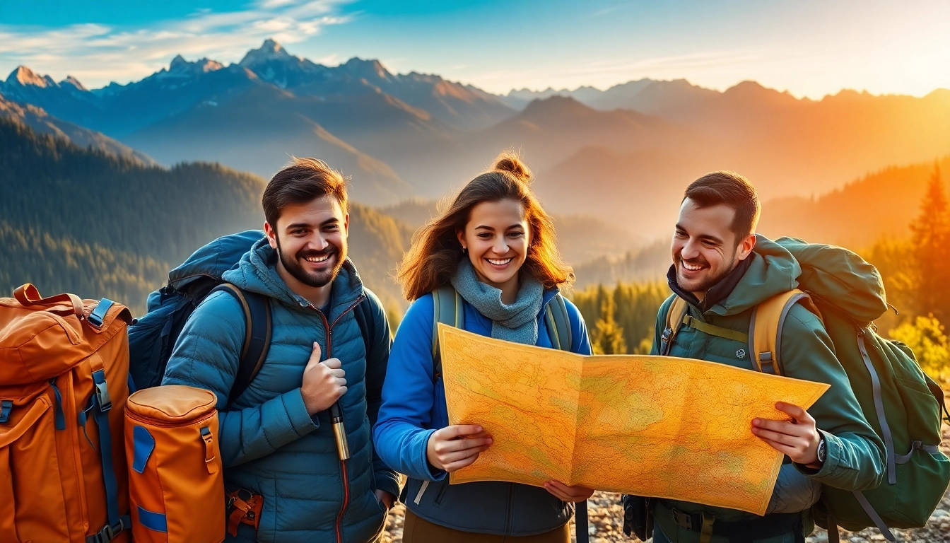 Travelers planning their adventure with maps at https://fernweh-abenteuer.de, set against a beautiful landscape.