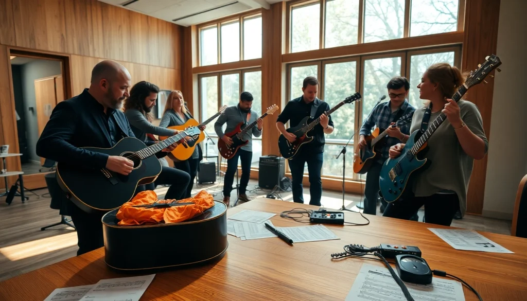 Engage with https://guitarlessons.co.uk in a vibrant guitar lesson setting filled with instruments.