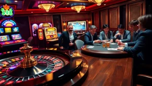 S88vip players enjoying an exciting night at a glamorous casino with a bustling poker table.