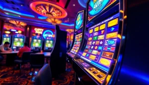 Menggambarkan pengalaman yuyu4d slot dengan mesin slot modern dan suasana kasino yang energik.