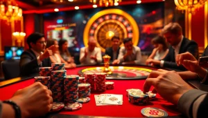 Players engaging at a GO8-themed poker table in a luxurious casino setting.