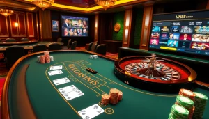 Engage with VN88's luxury gambling experience featuring a game table, roulette, and colorful chips.