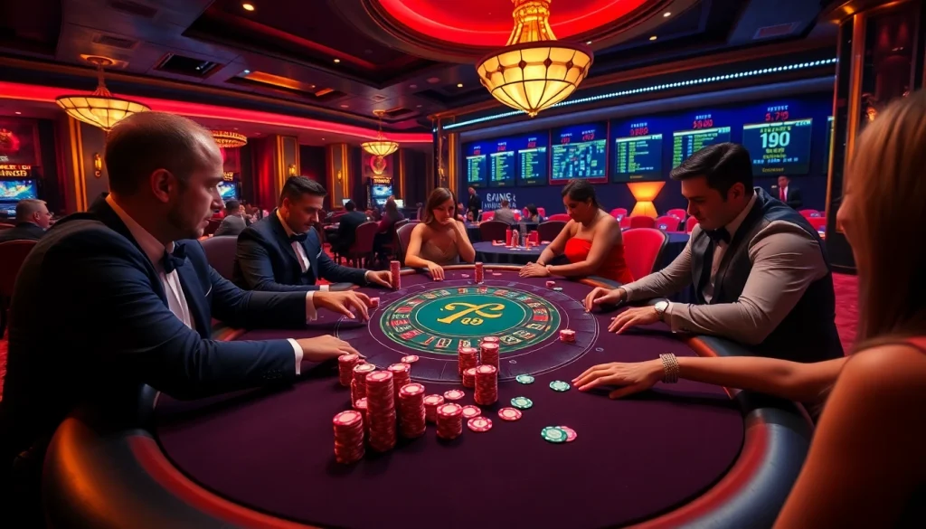 Thrilling poker game scene at Trang Chủ QQ88, showcasing high-stakes competition and vibrant atmosphere.