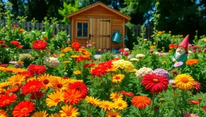 Gardening scene showcasing vibrant flowers and lush greenery in a sunny backyard.