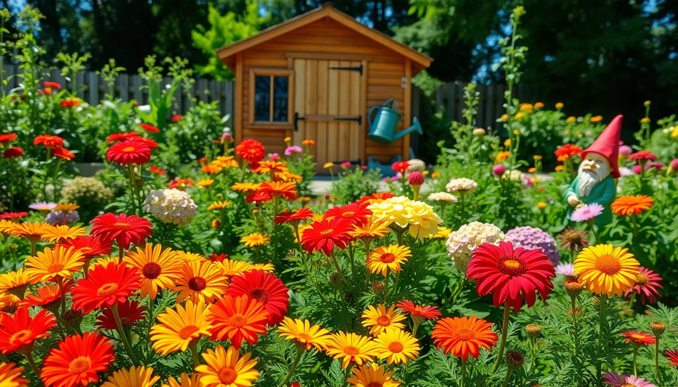 Gardening scene showcasing vibrant flowers and lush greenery in a sunny backyard.