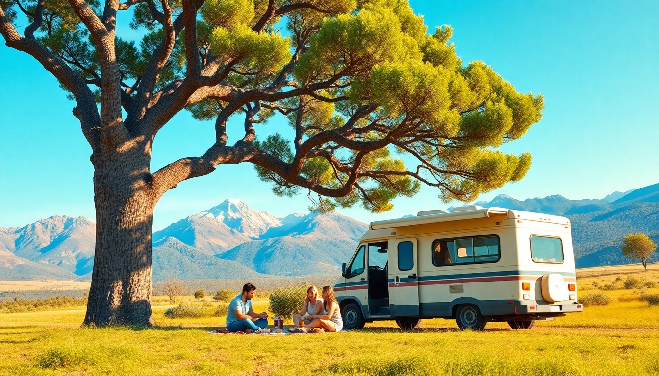 Experience the essence of adventure at https://fernweh-abenteuer.de with a family road trip scene under a big tree.