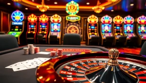 Experience the thrill of RAJABARONG with a vibrant casino scene featuring poker chips and roulette wheels.