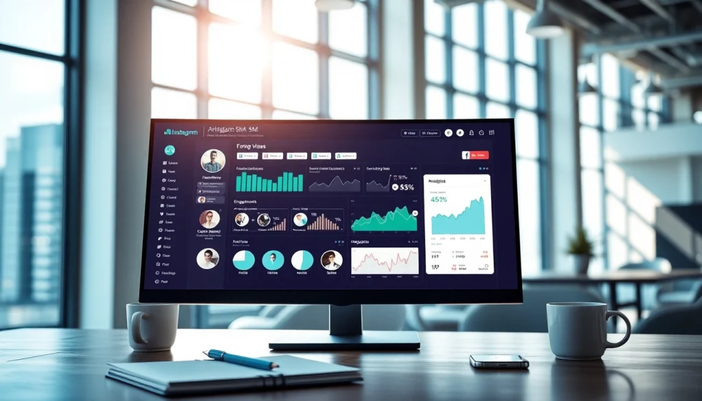Analyze data on an Instagram smm panel showing engagement metrics in a modern office