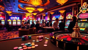 Players engaging with the NK 88 poker table amidst a vibrant casino atmosphere.