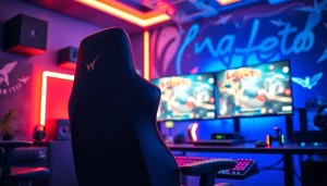 Menggambarkan pengalaman gaming walettoto dengan setup modern dan penuh warna.