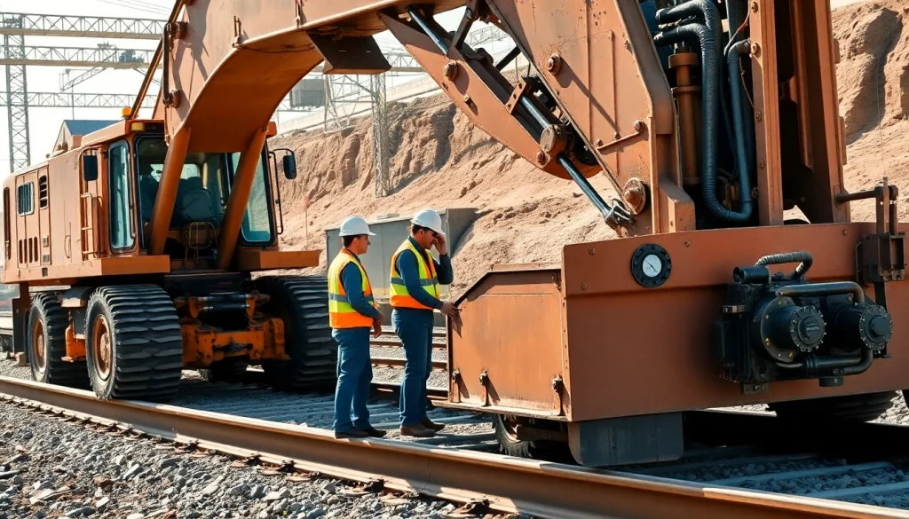 Railroad Contractors collaborating on a construction site with heavy machinery.