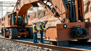 Railroad Contractors collaborating on a construction site with heavy machinery.