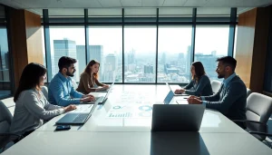 Analyze competitor pricing strategies in a vibrant business setting with a diverse team.