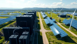 Crypto mining facility powered by renewable energy with solar panels and wind turbines.