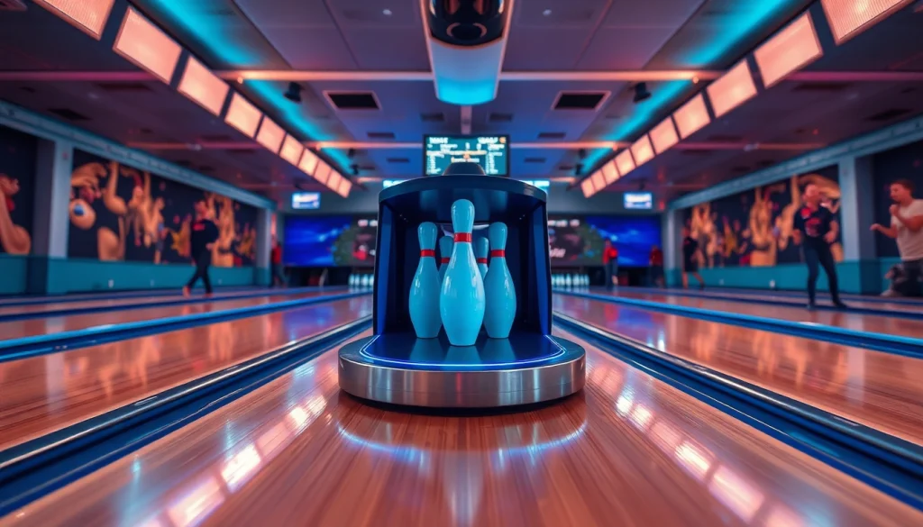 String bowling manufacturer showcasing the advanced EV99 bowling machine in a vibrant alley setting.