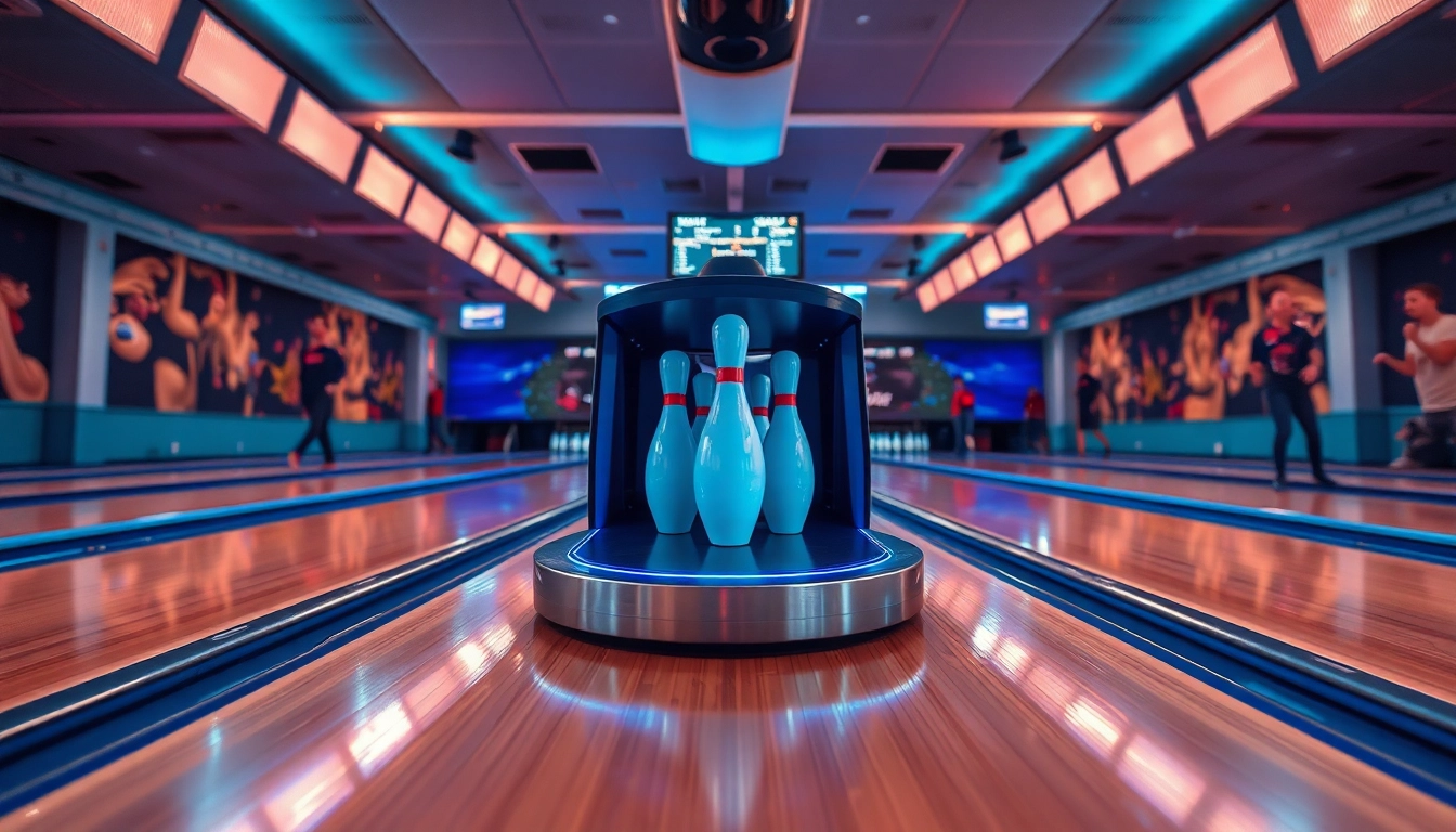 String bowling manufacturer showcasing the advanced EV99 bowling machine in a vibrant alley setting.