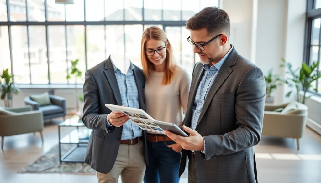 Engage with Real Estate through a professional agent assisting clients in a modern office.