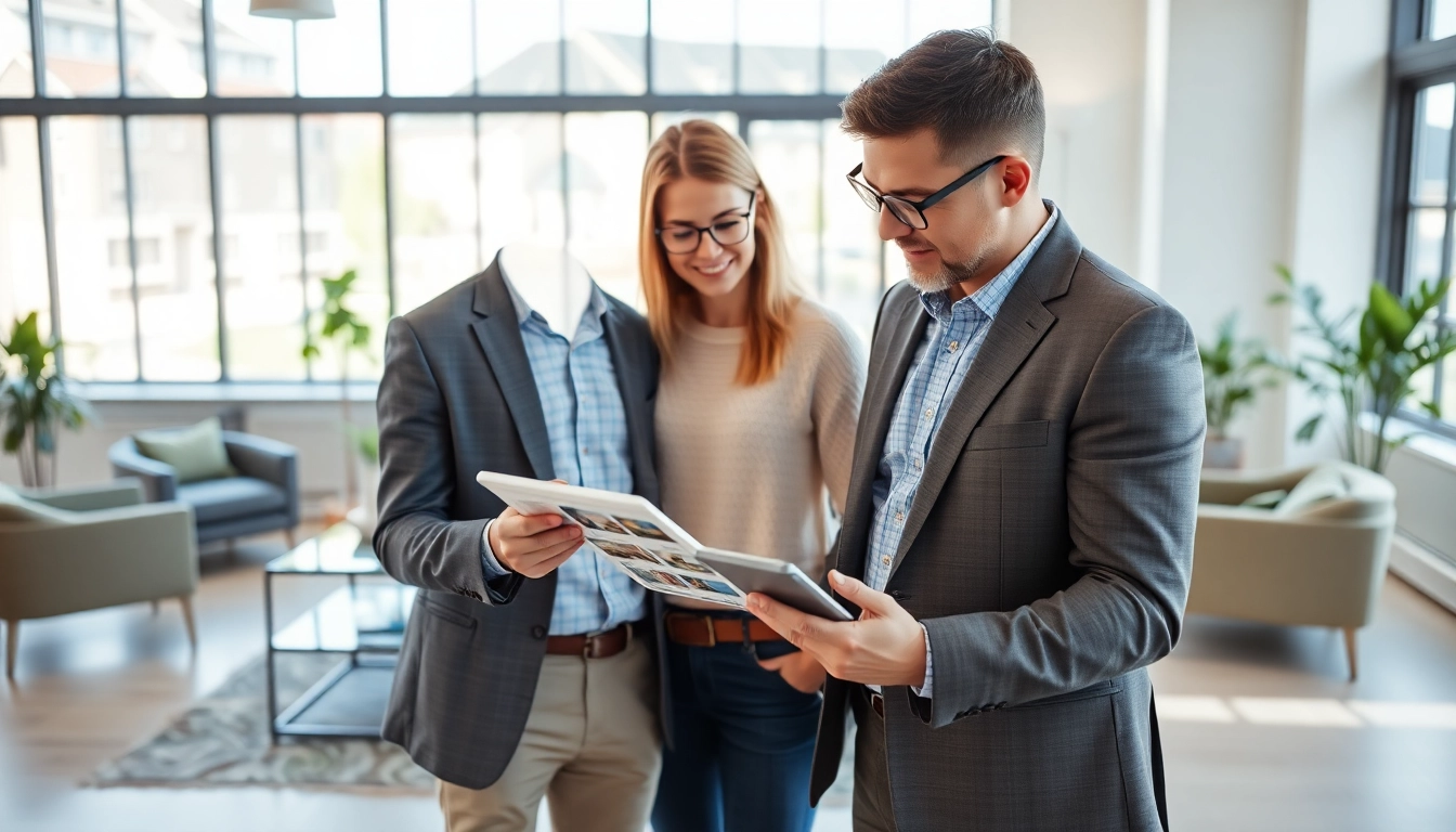 Engage with Real Estate through a professional agent assisting clients in a modern office.