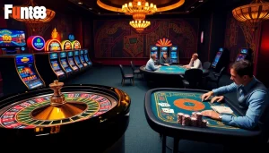 Thrilling gambling scene at Fun88, featuring roulette, poker, and vibrant slot machines.